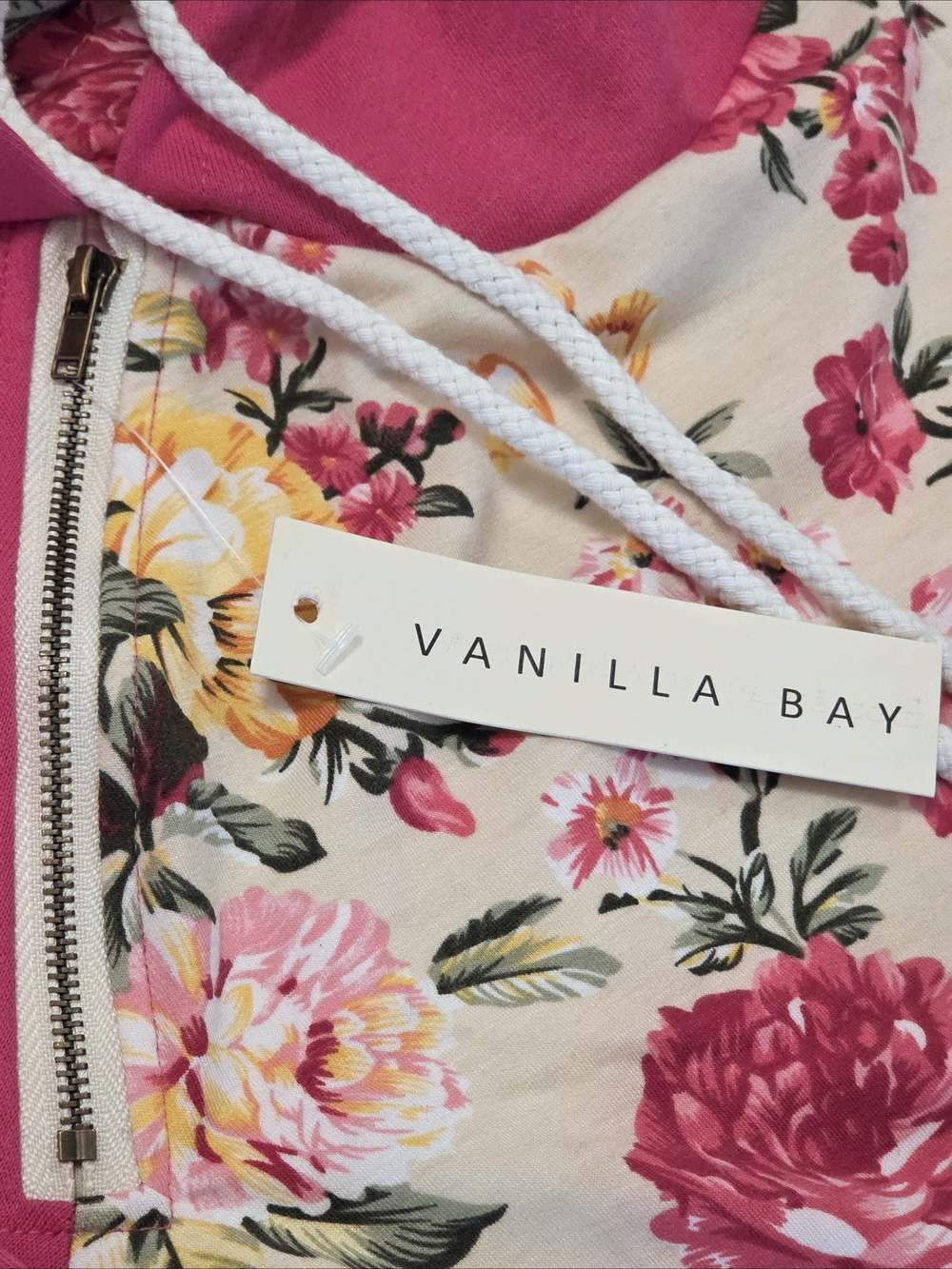 NWT Vanilla Bay Floral Asymmetrical Zip Hoodie Pink Cream Raglan Sweatshirt S - Picture 4 of 16